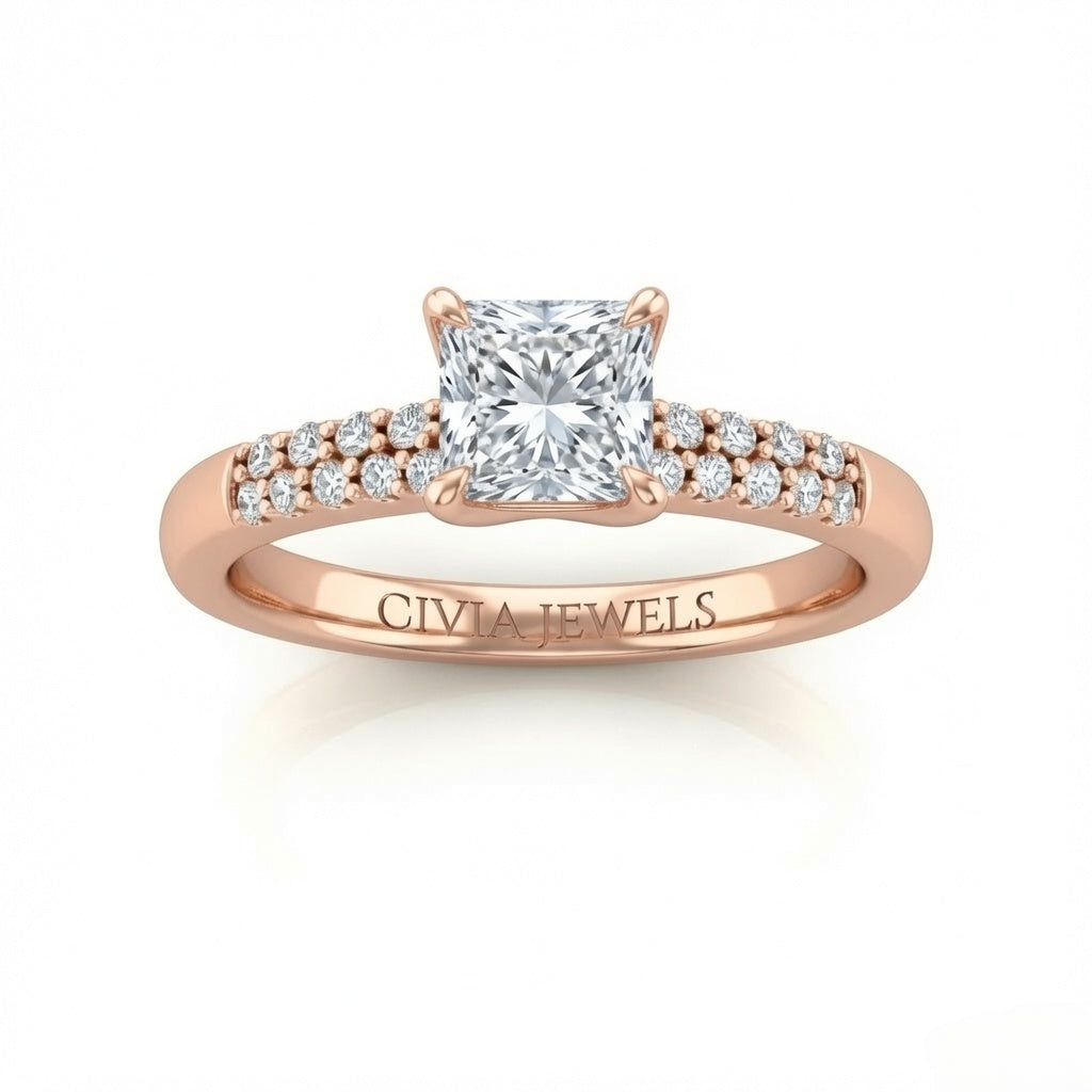 Rose Gold Princess Diamond Engagement Ring With Double Pavé Accent Band