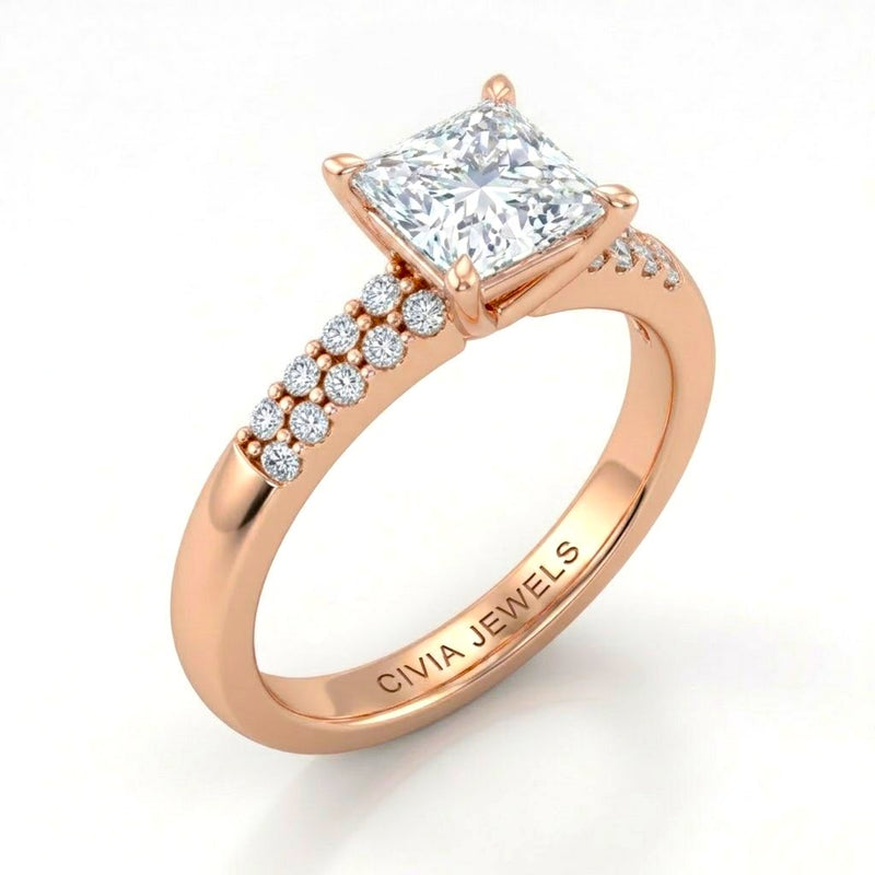 Rose Gold Princess Diamond Engagement Ring With Double Pavé Accent Band