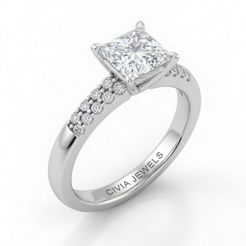 White Gold Princess Diamond Engagement Ring With Double Pavé Accent Band