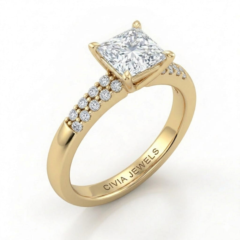 Yellow Gold Princess Diamond Engagement Ring With Double Pavé Accent Band