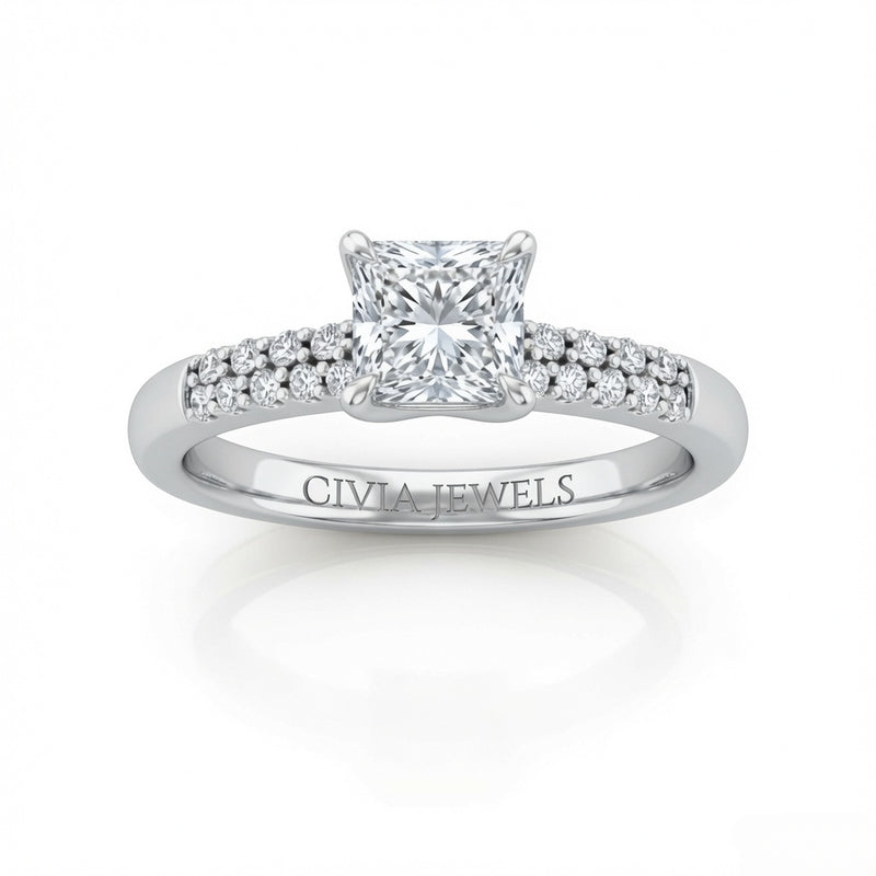 White Gold Princess Diamond Engagement Ring With Double Pavé Accent Band