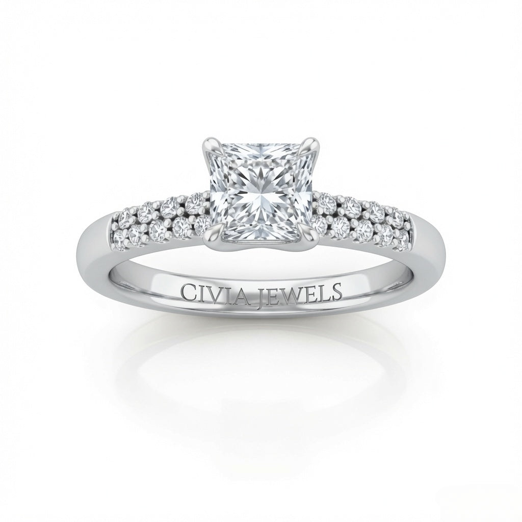 White Gold Princess Diamond Engagement Ring With Double Pavé Accent Band