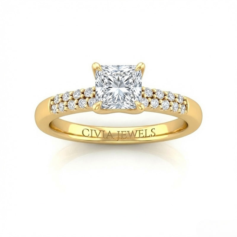 Yellow Gold Princess Diamond Engagement Ring With Double Pavé Accent Band