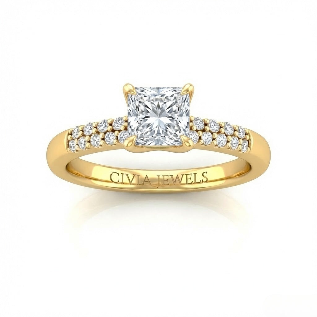 Yellow Gold Princess Diamond Engagement Ring With Double Pavé Accent Band