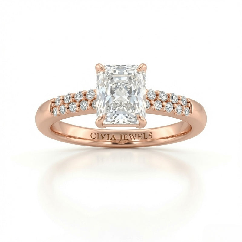 Rose Gold Radiant Diamond Engagement Ring With Double Pavé Accent Band