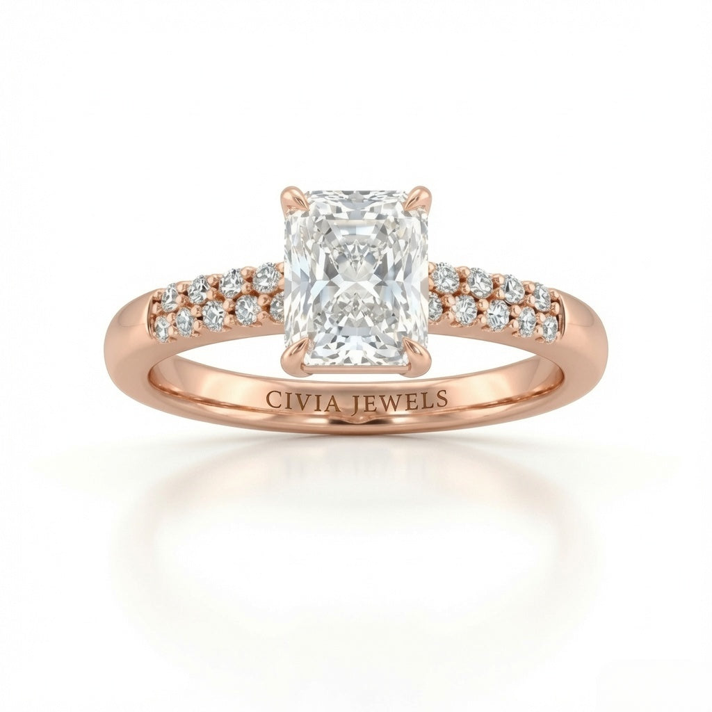 Rose Gold Radiant Diamond Engagement Ring With Double Pavé Accent Band