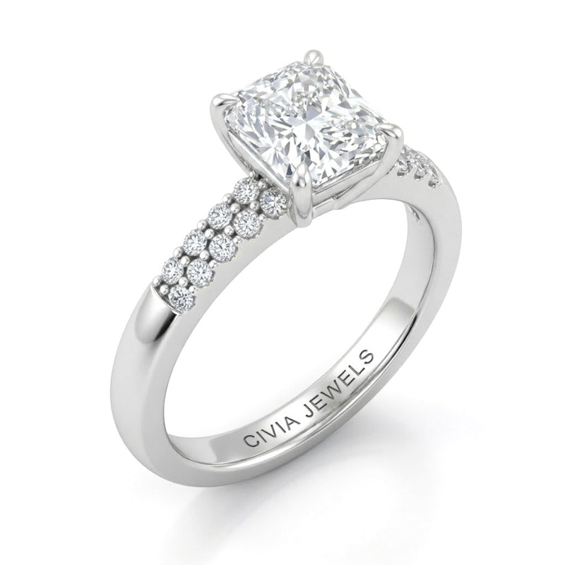 Silver Radiant Diamond Engagement Ring With Double Pavé Accent Band