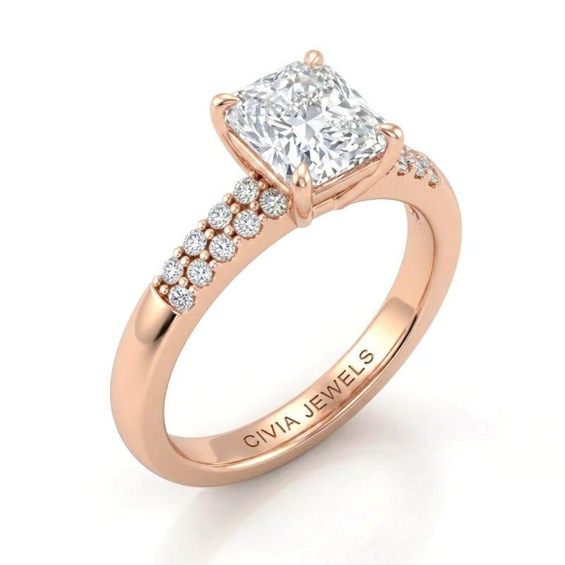 Rose Gold Radiant Diamond Engagement Ring With Double Pavé Accent Band