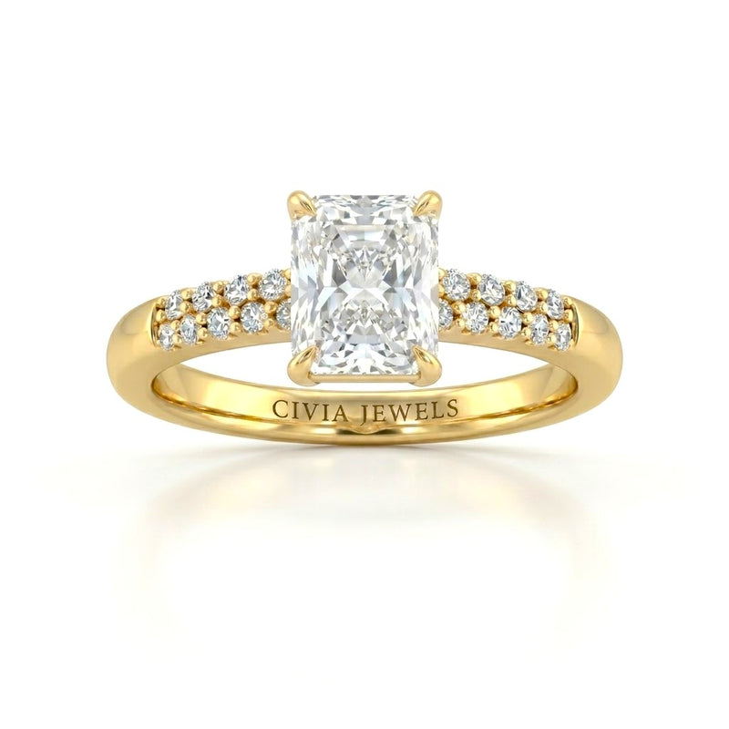 Yellow Gold Radiant Diamond Engagement Ring With Double Pavé Accent Band