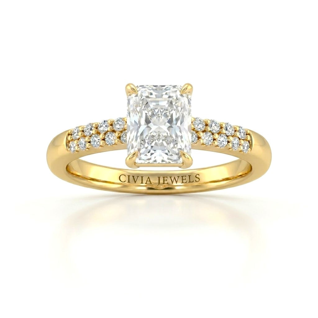 Yellow Gold Radiant Diamond Engagement Ring With Double Pavé Accent Band