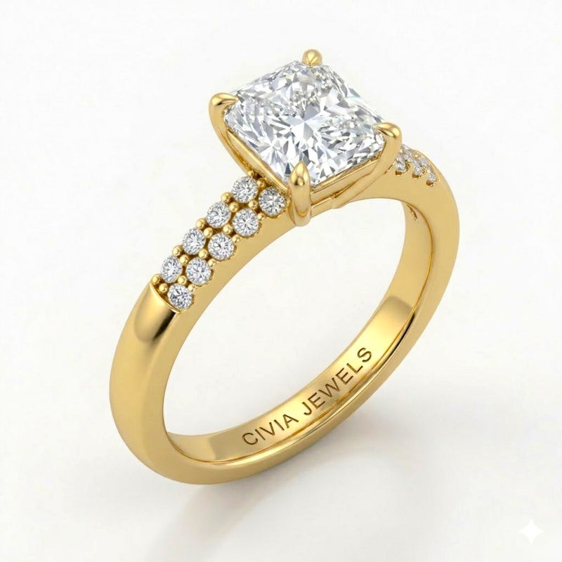 Yellow Gold Radiant Diamond Engagement Ring With Double Pavé Accent Band