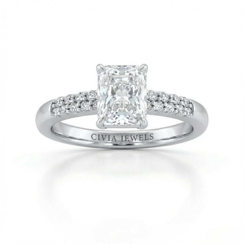 White Gold Radiant Diamond Engagement Ring With Double Pavé Accent Band
