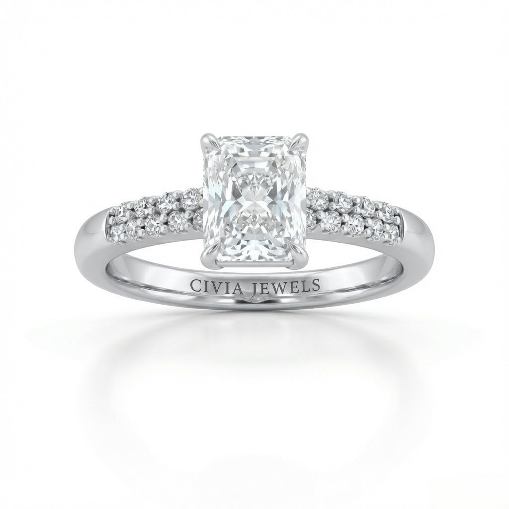 Silver Radiant Diamond Engagement Ring With Double Pavé Accent Band