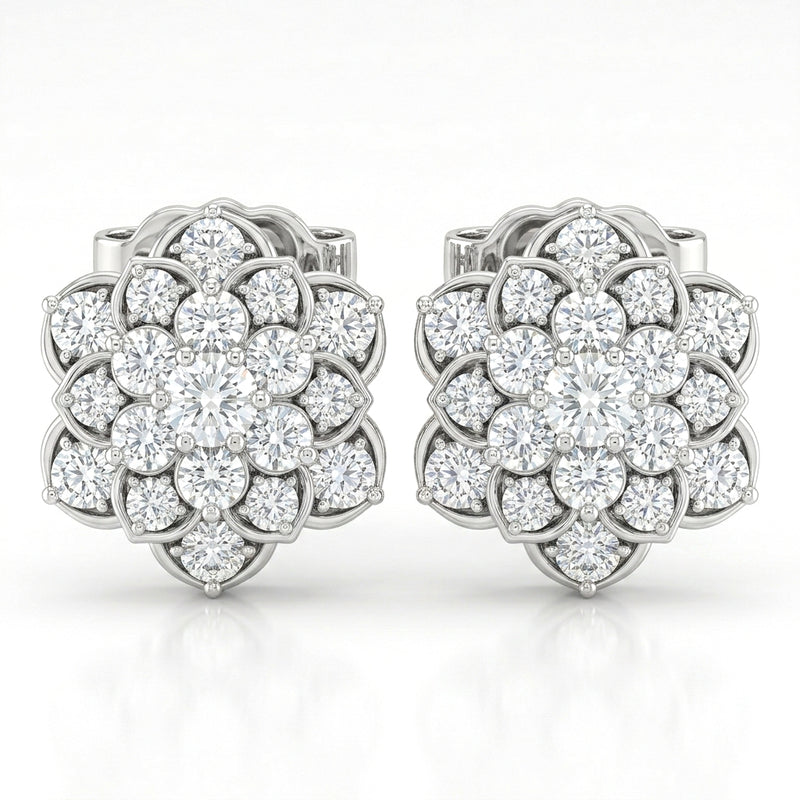 White Gold Floral Cluster Diamond Stud Earrings