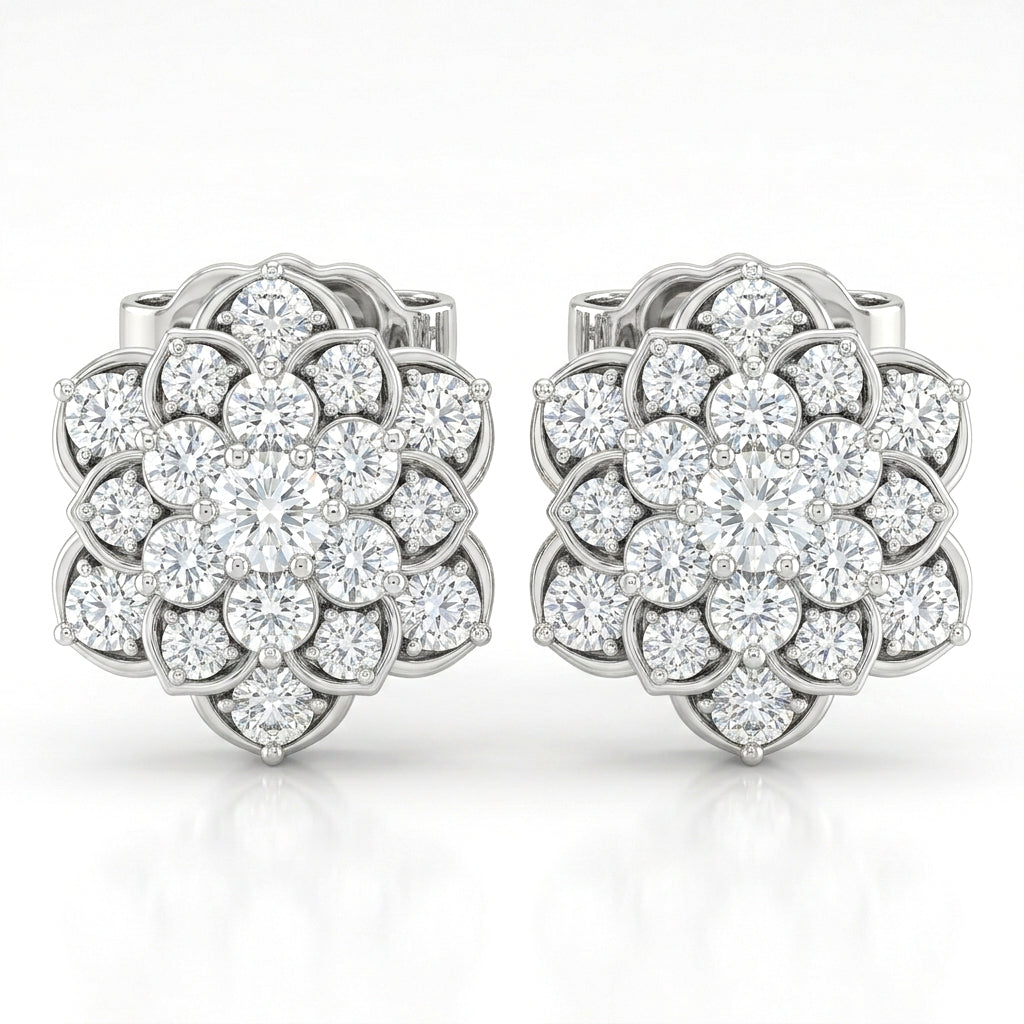 Silver Floral Cluster Diamond Stud Earrings