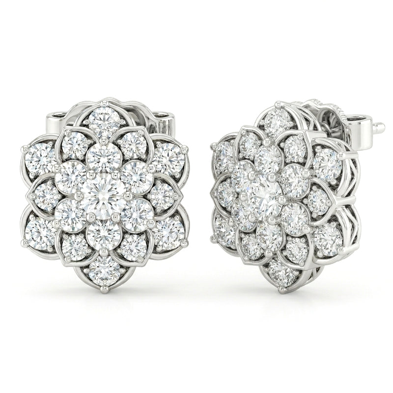 White Gold Floral Cluster Diamond Stud Earrings