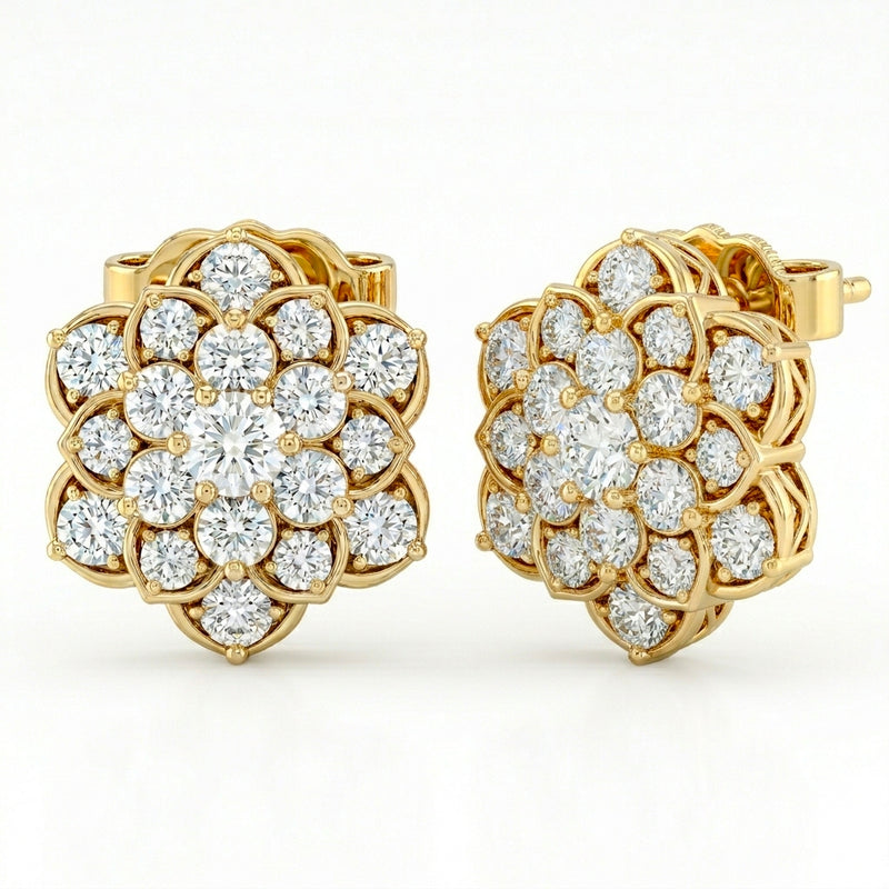 Yellow Gold Floral Cluster Diamond Stud Earrings
