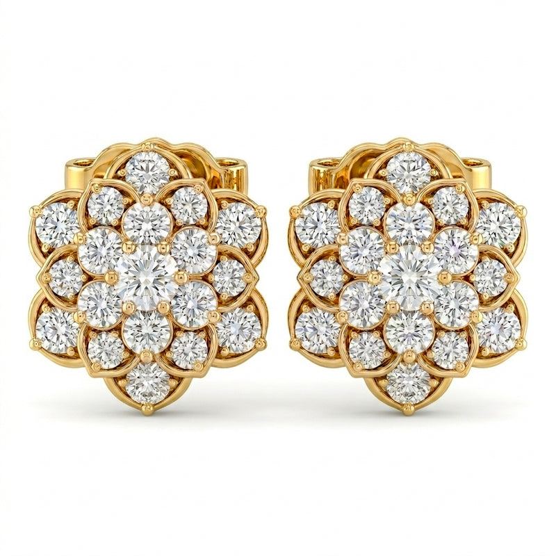 Yellow Gold Floral Cluster Diamond Stud Earrings