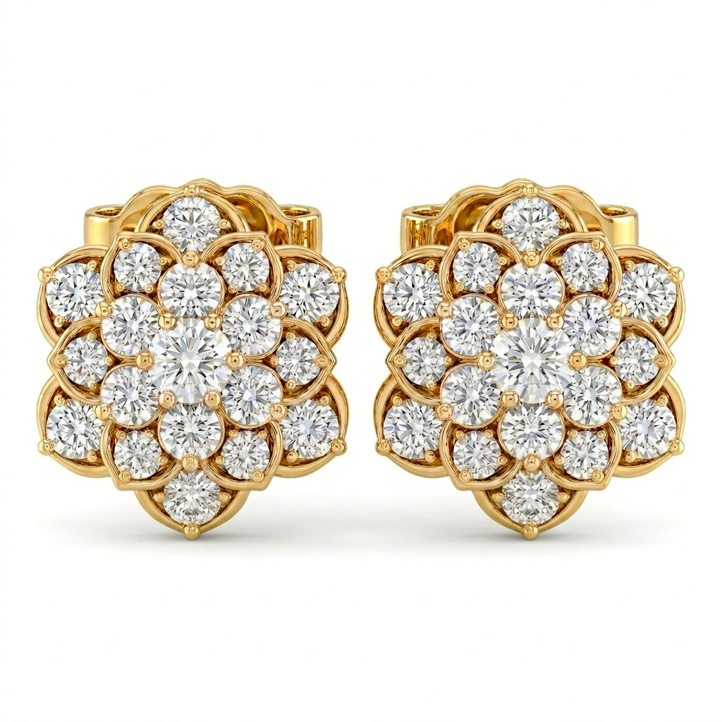 Yellow Gold Floral Cluster Diamond Stud Earrings