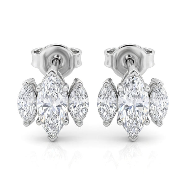 White Gold Three Stone Marquise Diamond Stud Earrings