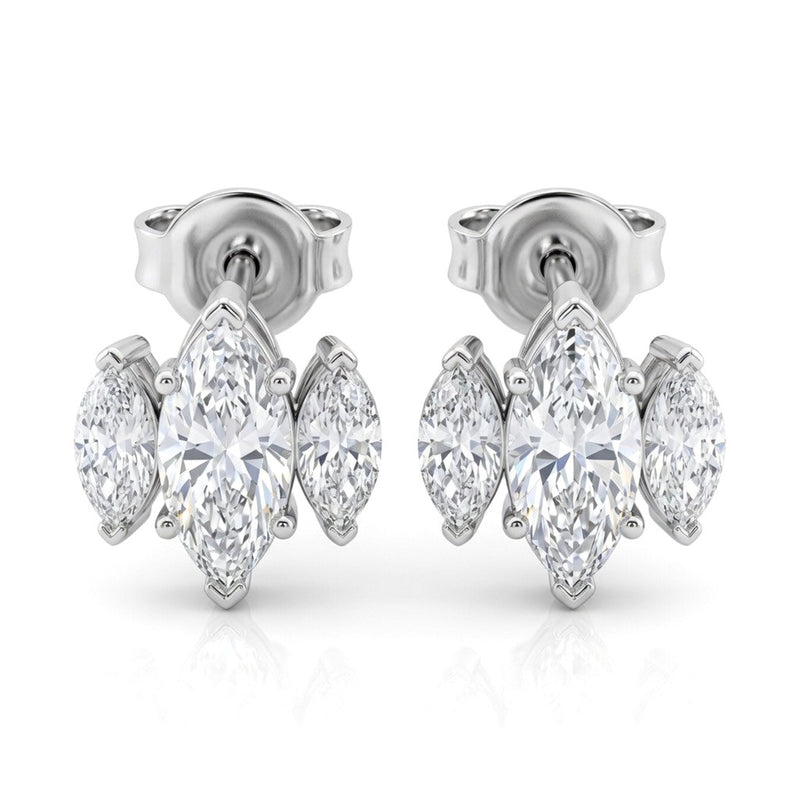 White Gold Three Stone Marquise Diamond Stud Earrings