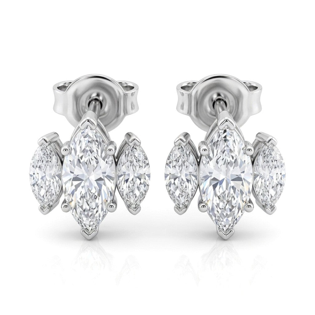 White Gold Three Stone Marquise Diamond Stud Earrings