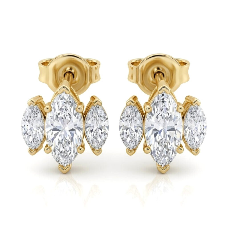 Yellow Gold Three Stone Marquise Diamond Stud Earrings
