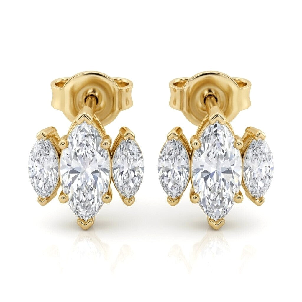 Yellow Gold Three Stone Marquise Diamond Stud Earrings