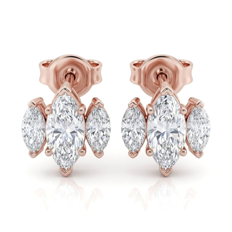 Rose Gold Three Stone Marquise Diamond Stud Earrings