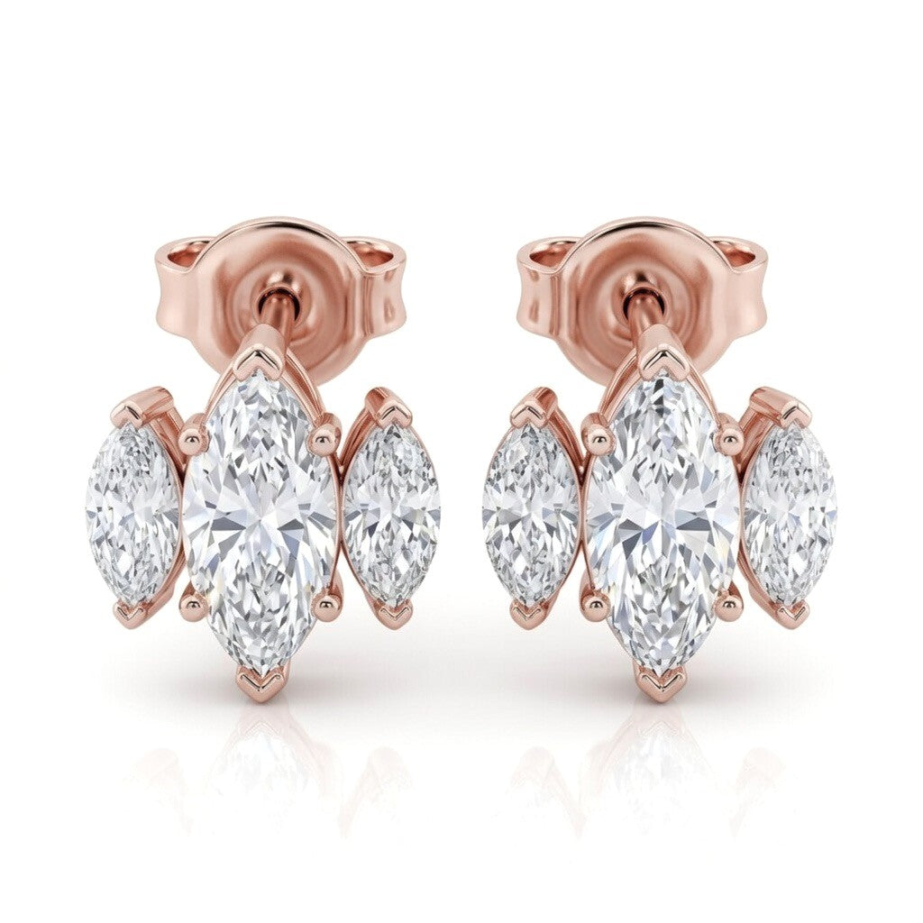 Rose Gold Three Stone Marquise Diamond Stud Earrings