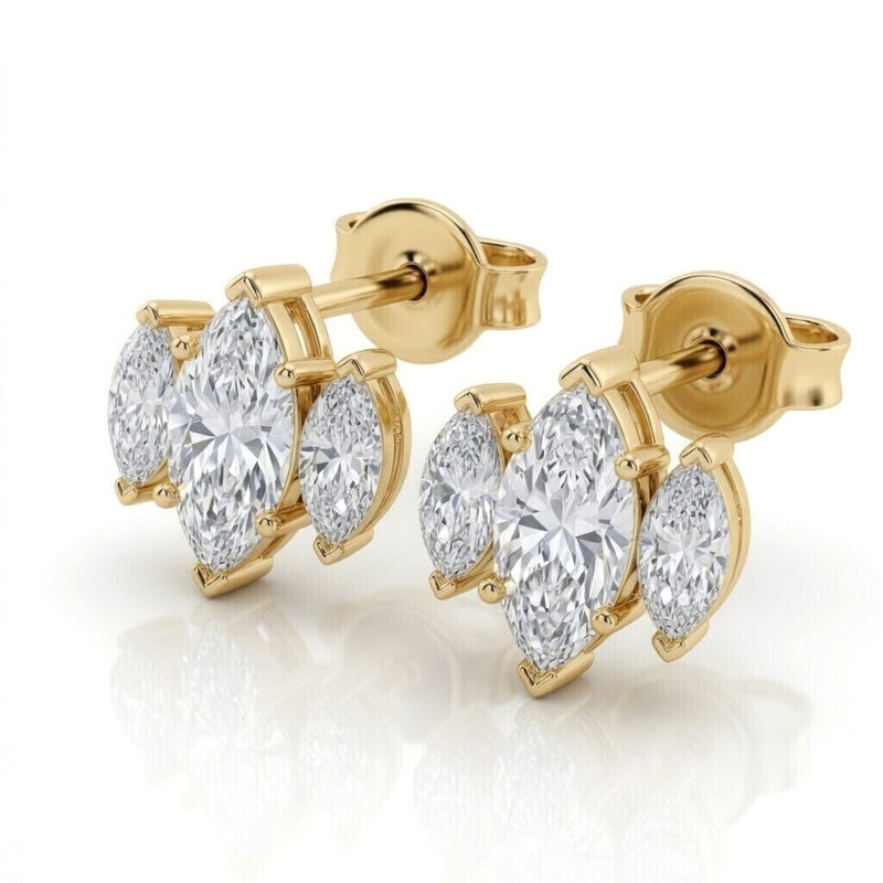 Yellow Gold Three Stone Marquise Diamond Stud Earrings