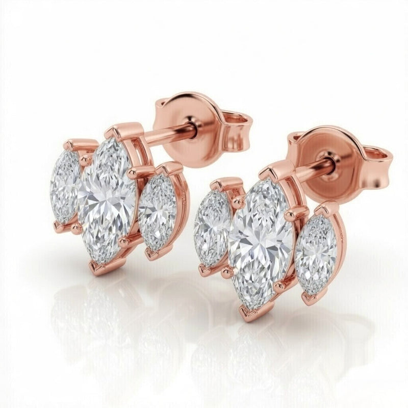 Rose Gold Three Stone Marquise Diamond Stud Earrings