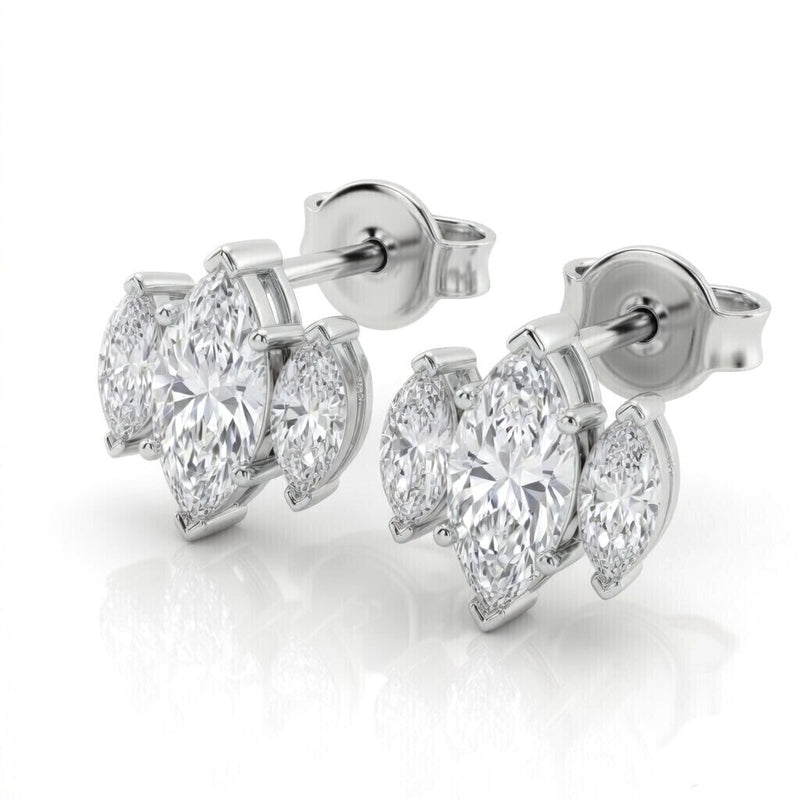 White Gold Three Stone Marquise Diamond Stud Earrings