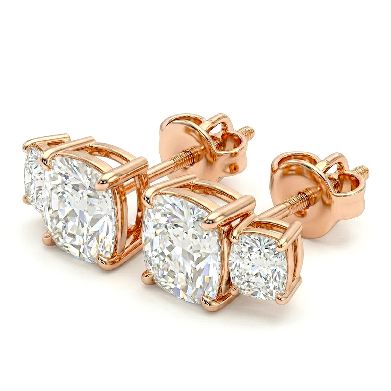Rose Gold Two Stone Cushion Diamond Stud Earrings