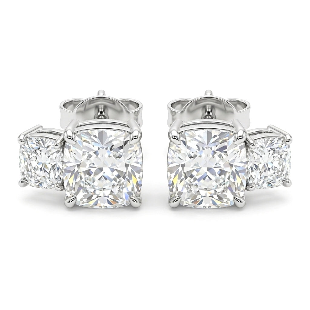 Silver Two Stone Cushion Diamond Stud Earrings