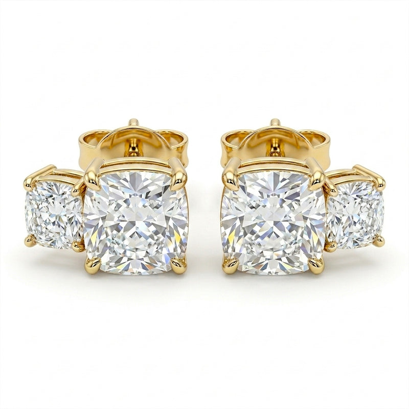 Yellow Gold Two Stone Cushion Diamond Stud Earrings