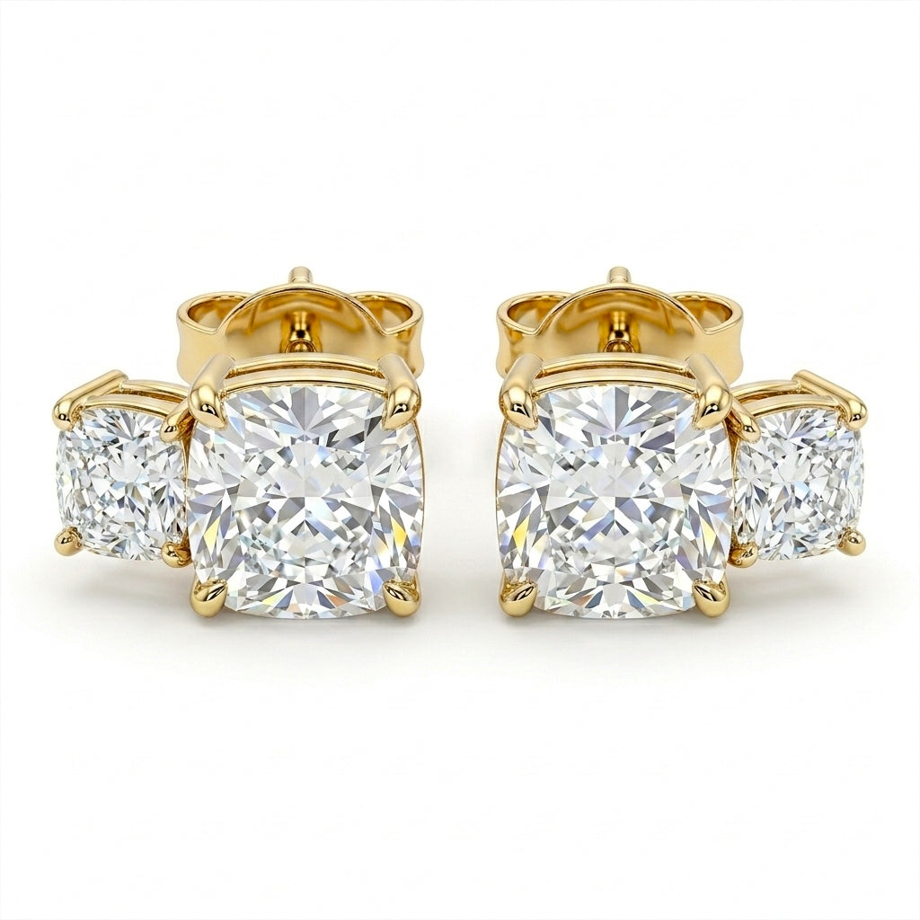 Yellow Gold Two Stone Cushion Diamond Stud Earrings