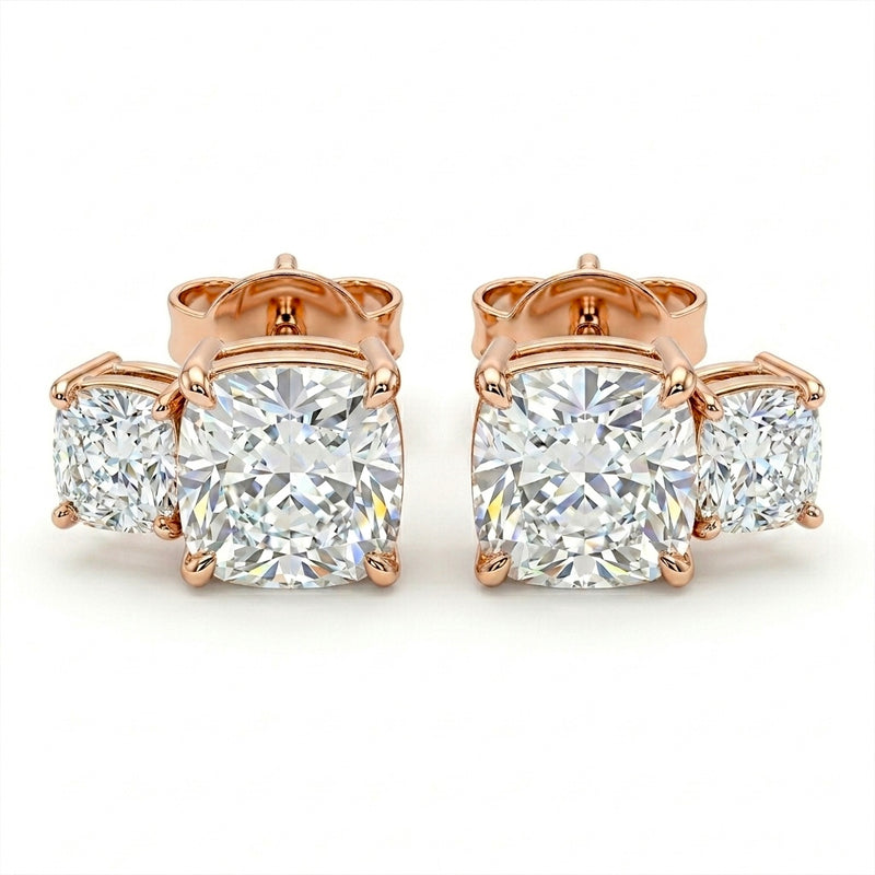 Rose Gold Two Stone Cushion Diamond Stud Earrings