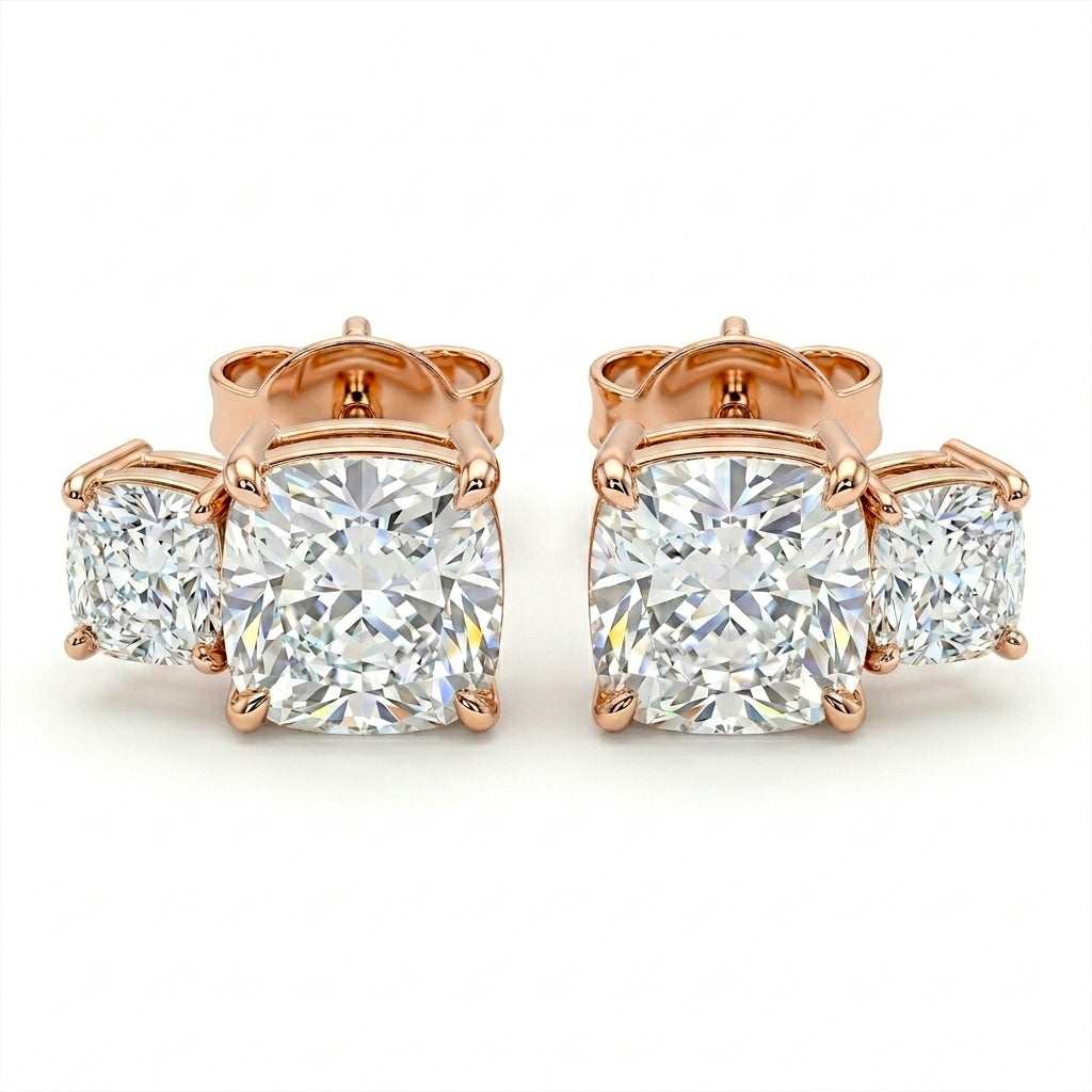 Rose Gold Two Stone Cushion Diamond Stud Earrings