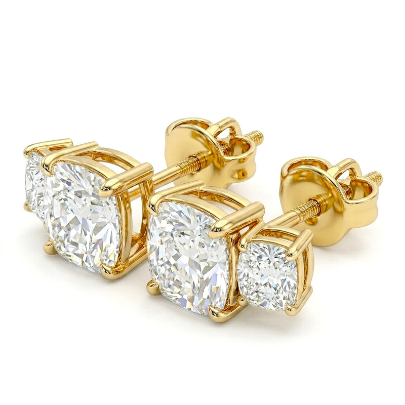 Yellow Gold Two Stone Cushion Diamond Stud Earrings