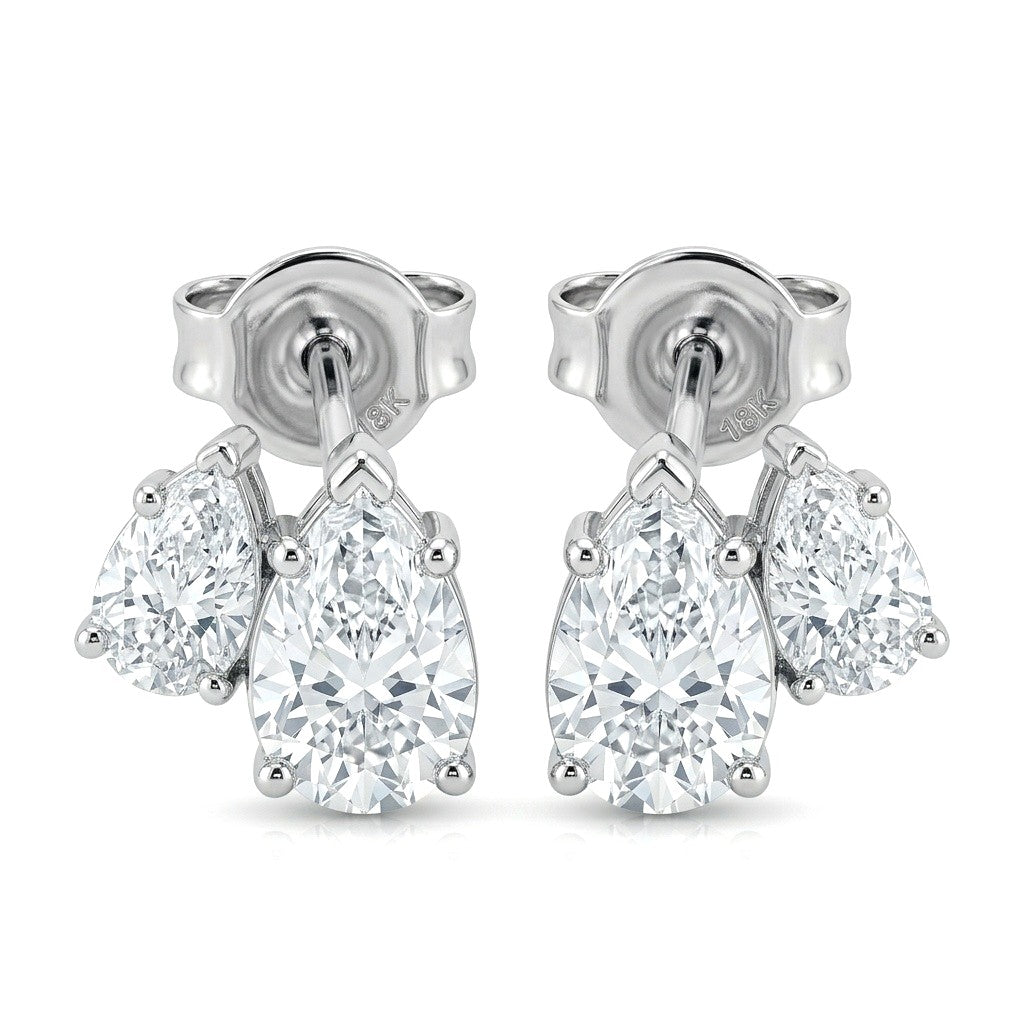 Silver Pear Two Stone Diamond Stud Earrings
