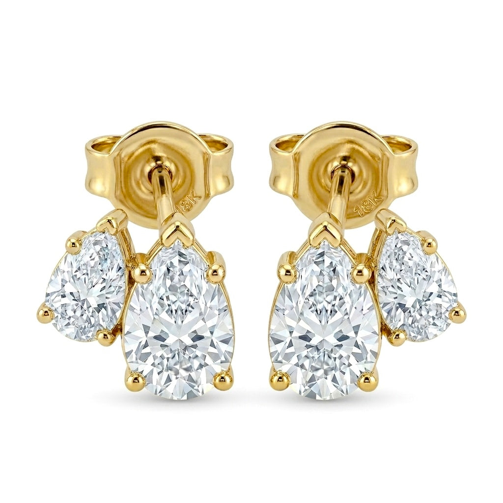 Yellow Gold Pear Two Stone Diamond Stud Earrings