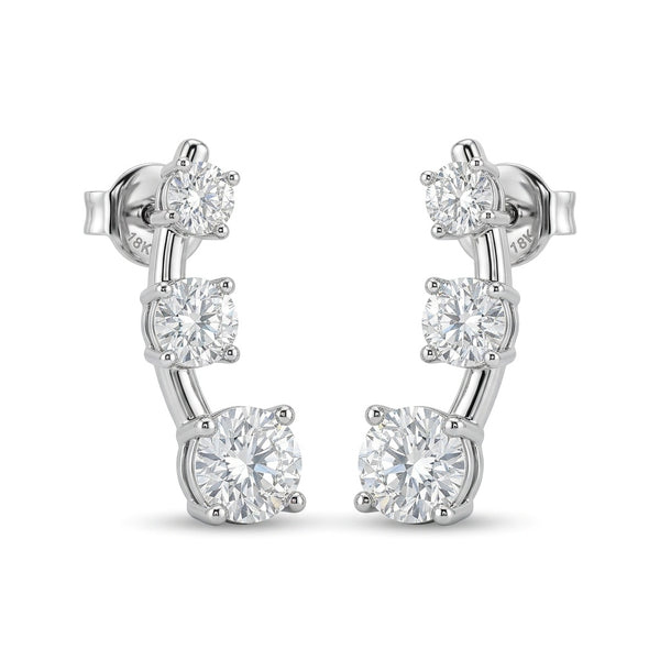 White Gold Graduated Three Stone Diamond Climber Earrings