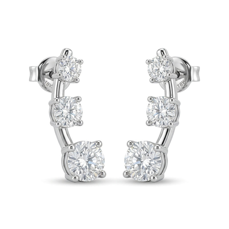 White Gold Graduated Three Stone Diamond Climber Earrings