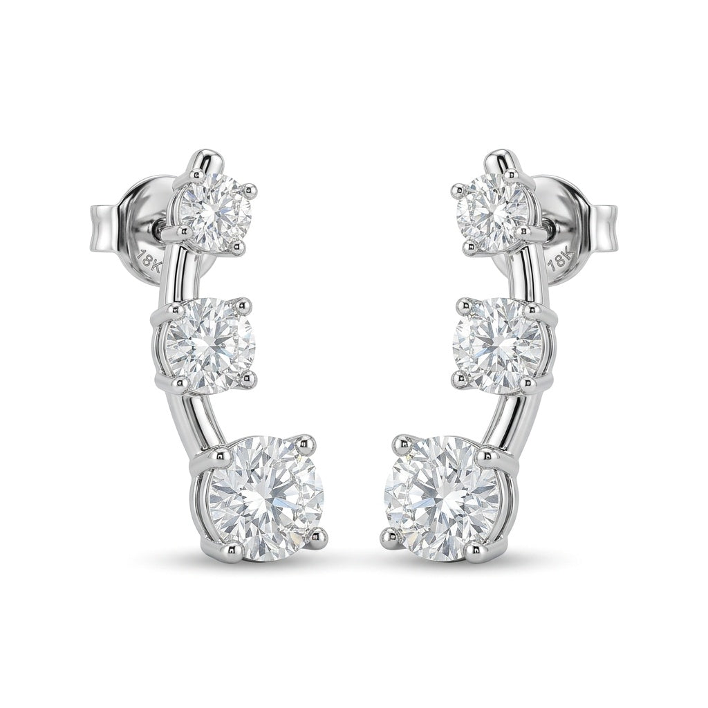 White Gold Graduated Three Stone Diamond Climber Earrings