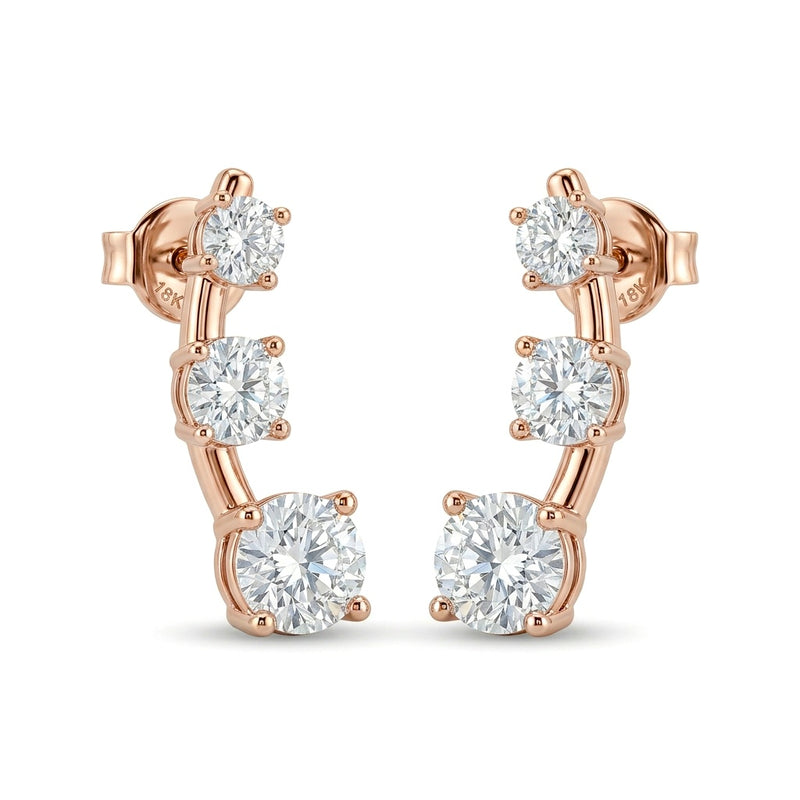 Rose Gold Graduated Three Stone Diamond Climber Earrings