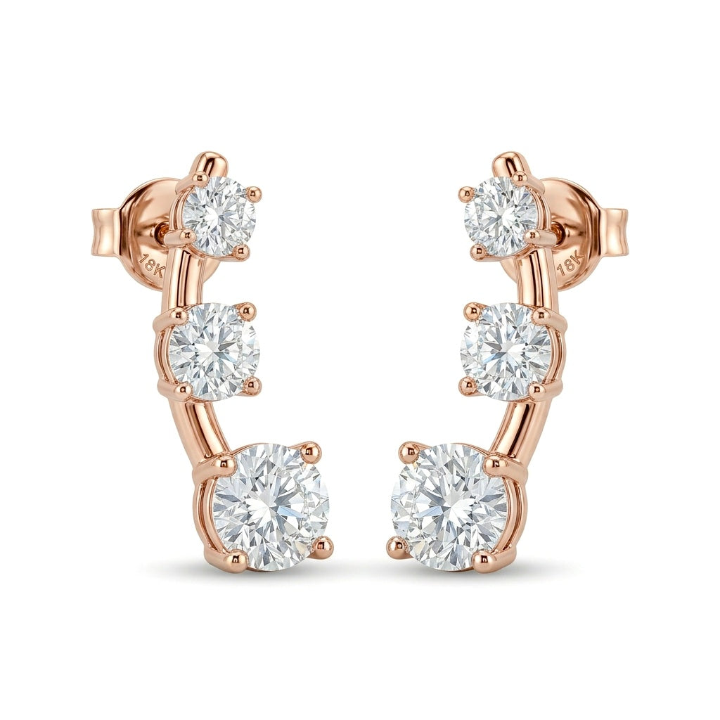 Rose Gold Graduated Three Stone Diamond Climber Earrings