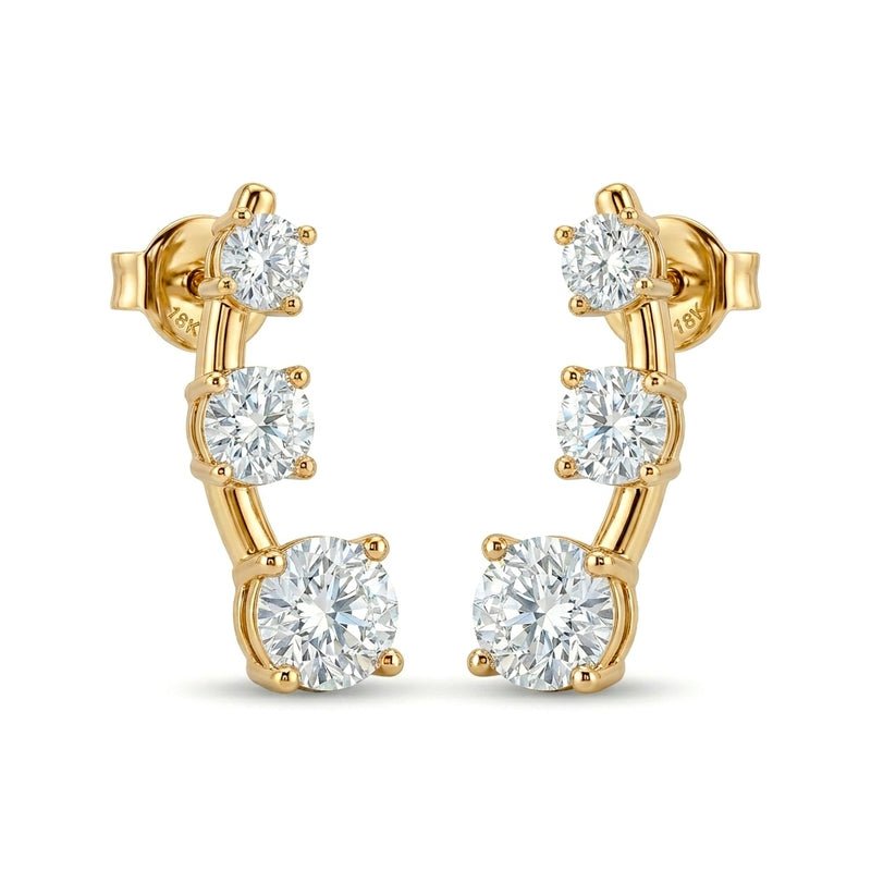 Yellow Gold Graduated Three Stone Diamond Climber Earrings