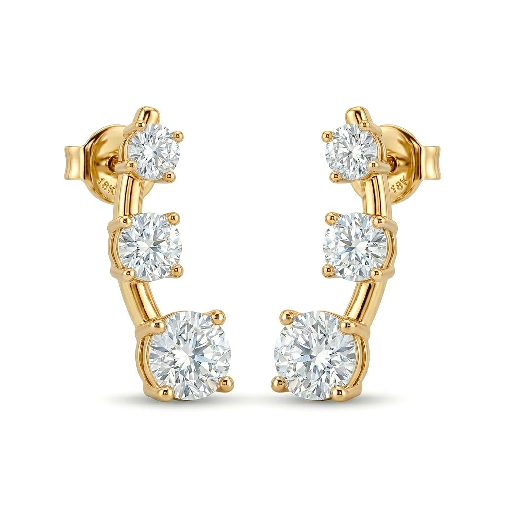 Yellow Gold Graduated Three Stone Diamond Climber Earrings