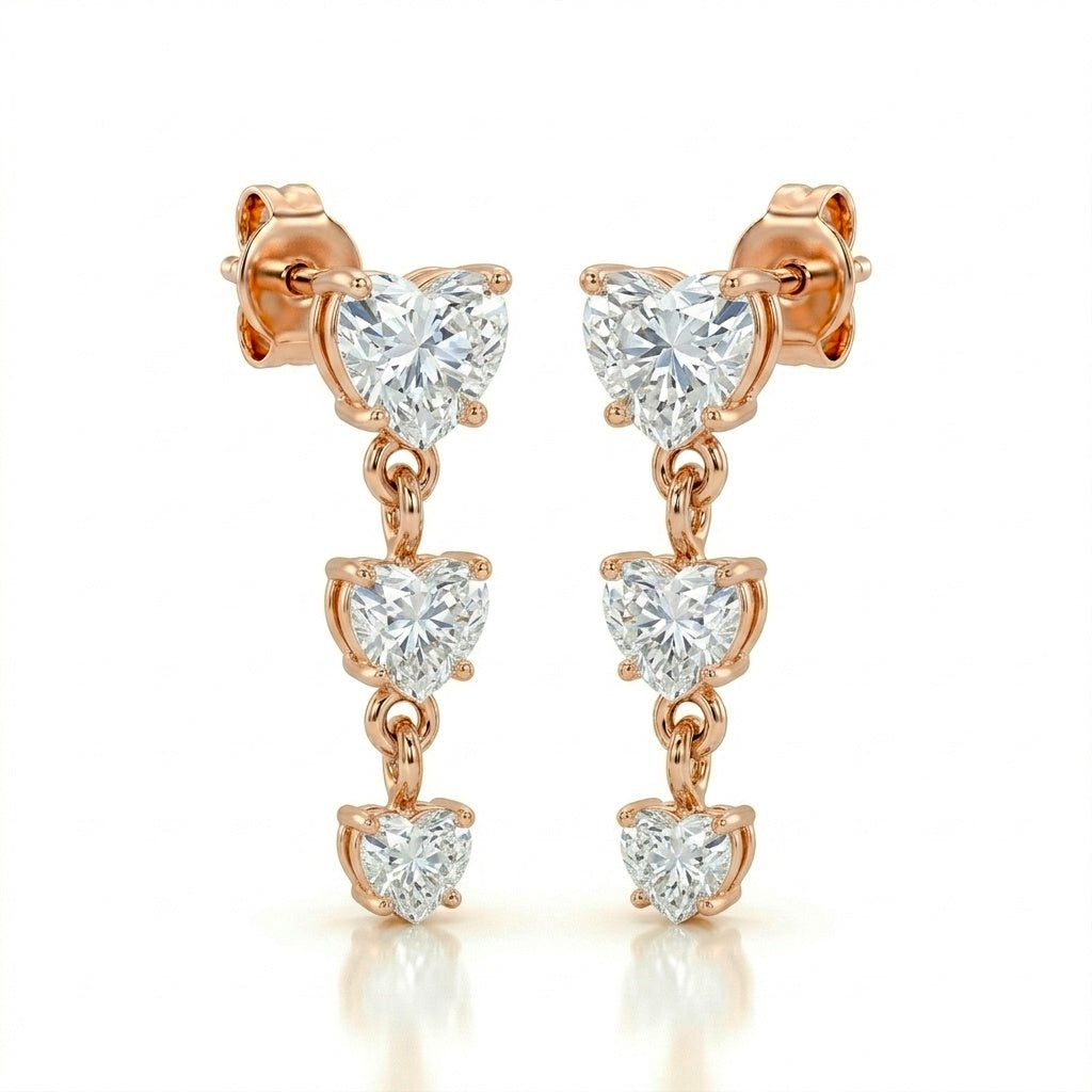 Rose Gold Heart Three Stone Drop Earrings